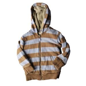 Mini Boden Kids Blue Brown Striped Fleece Lined Hoodie Full Zip Jacket 3-4Y